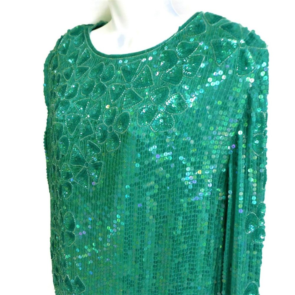 SiLK Vintage SWEE LO 80s Top Full Floral Sequin Disco Emerald Green Fairy XXL